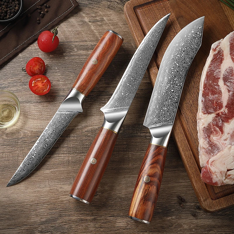 Set of 3 Butcher Kitchen Knives with Wood Handle 67 Layer Damascus Steel Boning Slitting Peeling Skinning Knife