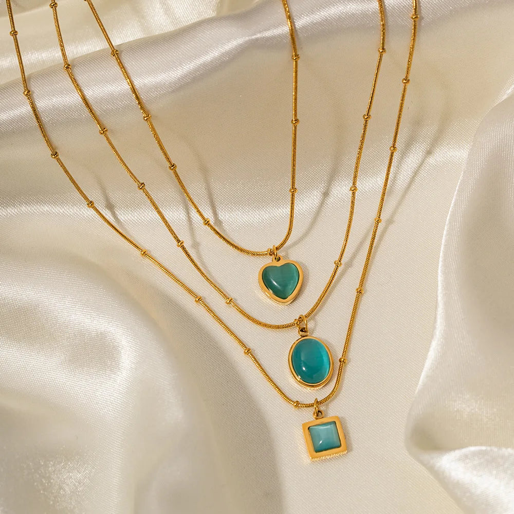 Hot Selling New Blue Cat Eye Stone Necklace Stainless Steel Square Necklace Fashion Necklace to My Daughter