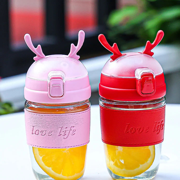 Ladies Promotional Set Portable Cross Body Reindeer Coffee Glass Cup Lid Shoulder Carrier Straw-Perfect Water Bottle Accessories
