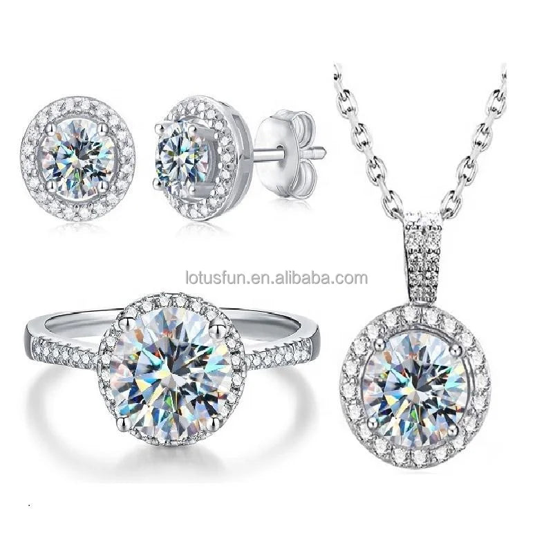 Gra  Diamond 1ct 6.5mm Round halo Real Moissanite Ring Earring Necklace 925 Sterling Silver Women Engagement Fine Jewelry Set