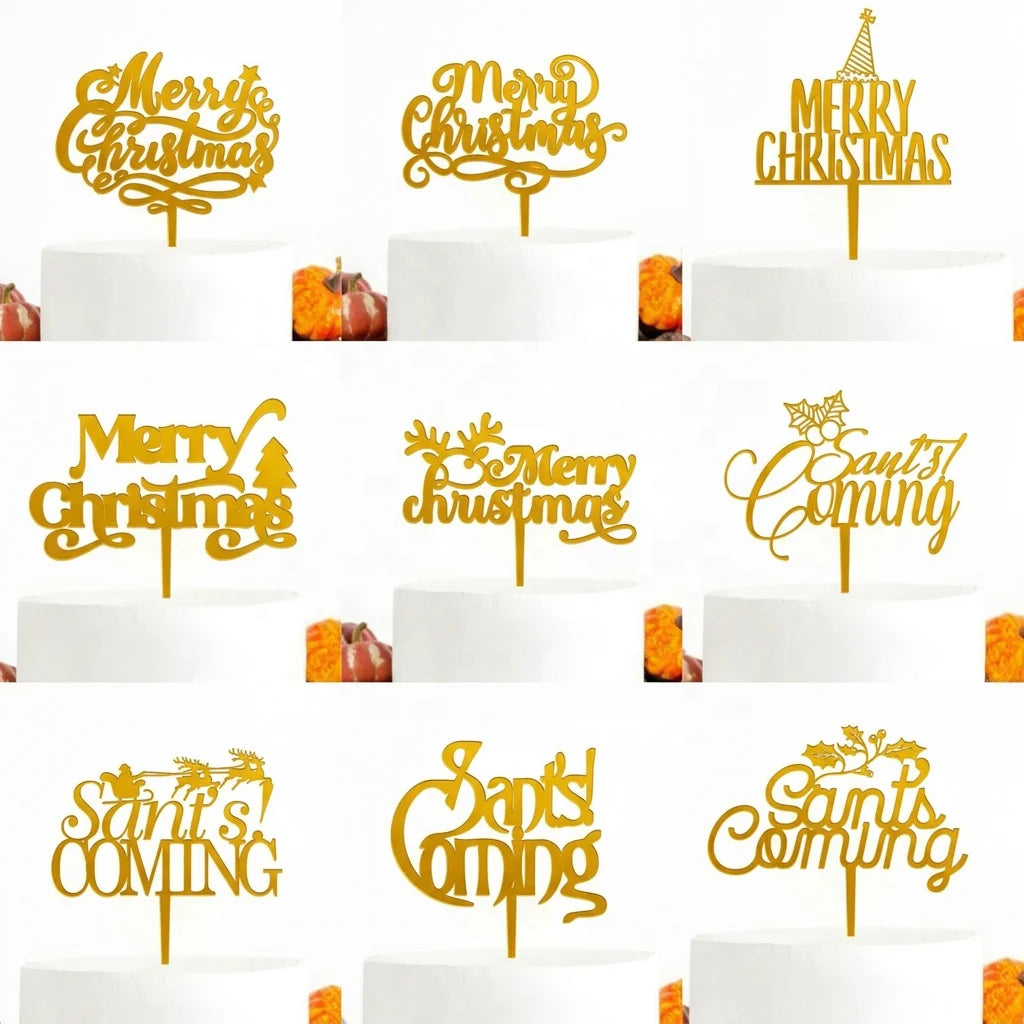 Mirror Gold Acrylic Merry Christmas Cake Toppers for Christmas Cake Decorating Supplies