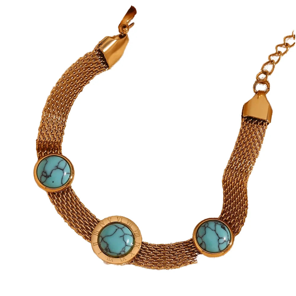 Trendy Waterproof Stainless Steel Bracelet with Engraved Roman Numerals Turquoise Charm for Wedding Anniversary or Party Gift