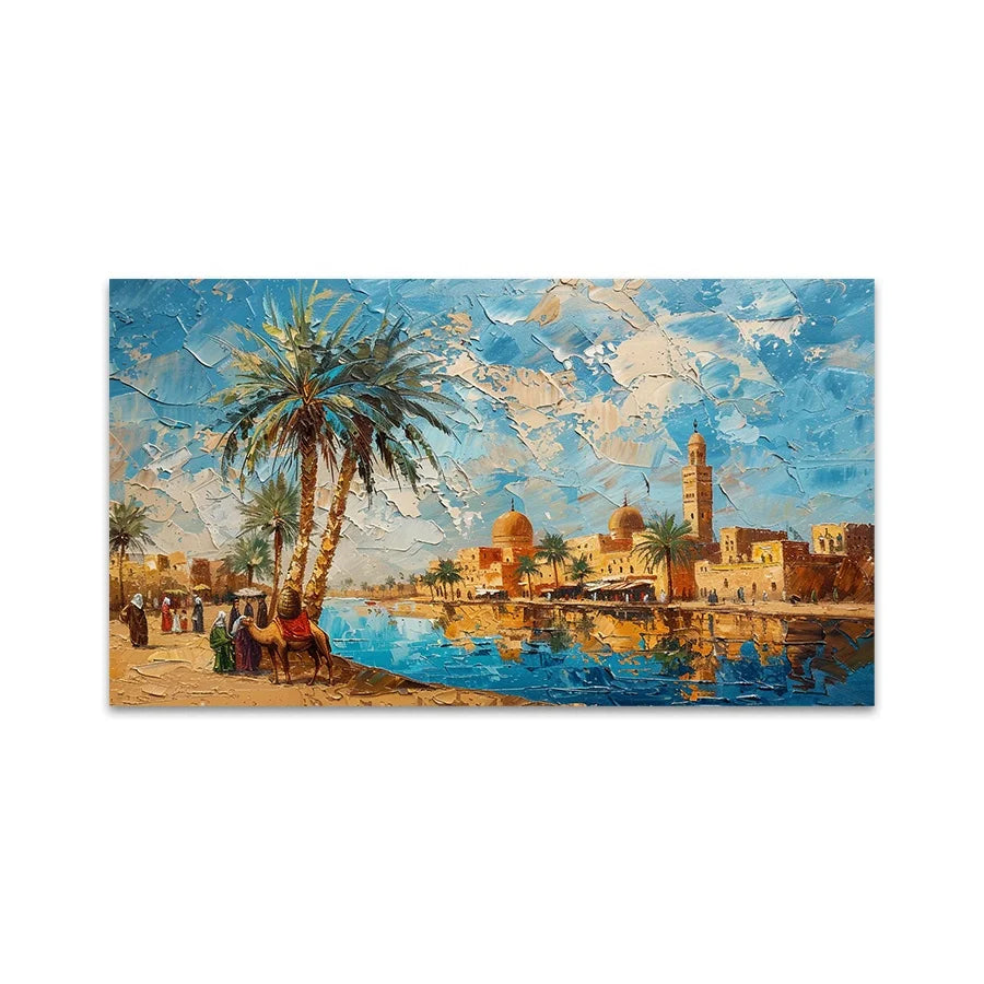 Custom Modern Date Palms Desert Camel Castles Oil Paintings Hand-painted Brush Strokes Arabic Canvas Art Prints for Art Projects