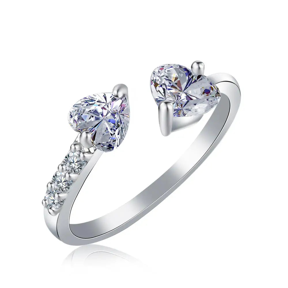 BINSHUO Wholesale Custom Brass Jewelry Open Adjustable Double Heart Love Zircon Couple Silver Engagement Wedding Ring for Women