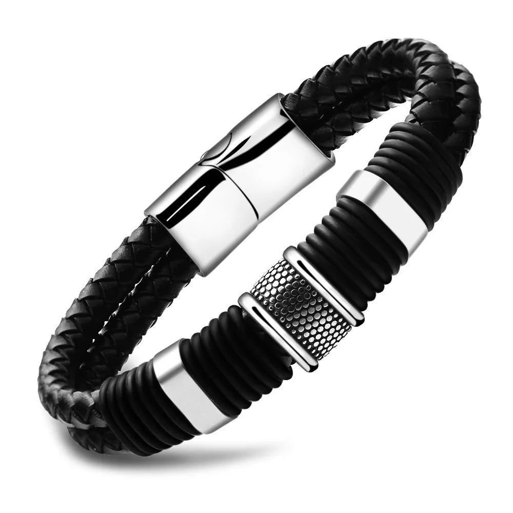 Best Selling Handmade Weave Black Leather Bracelet Fashion Stainless Steel Bracelet for Men