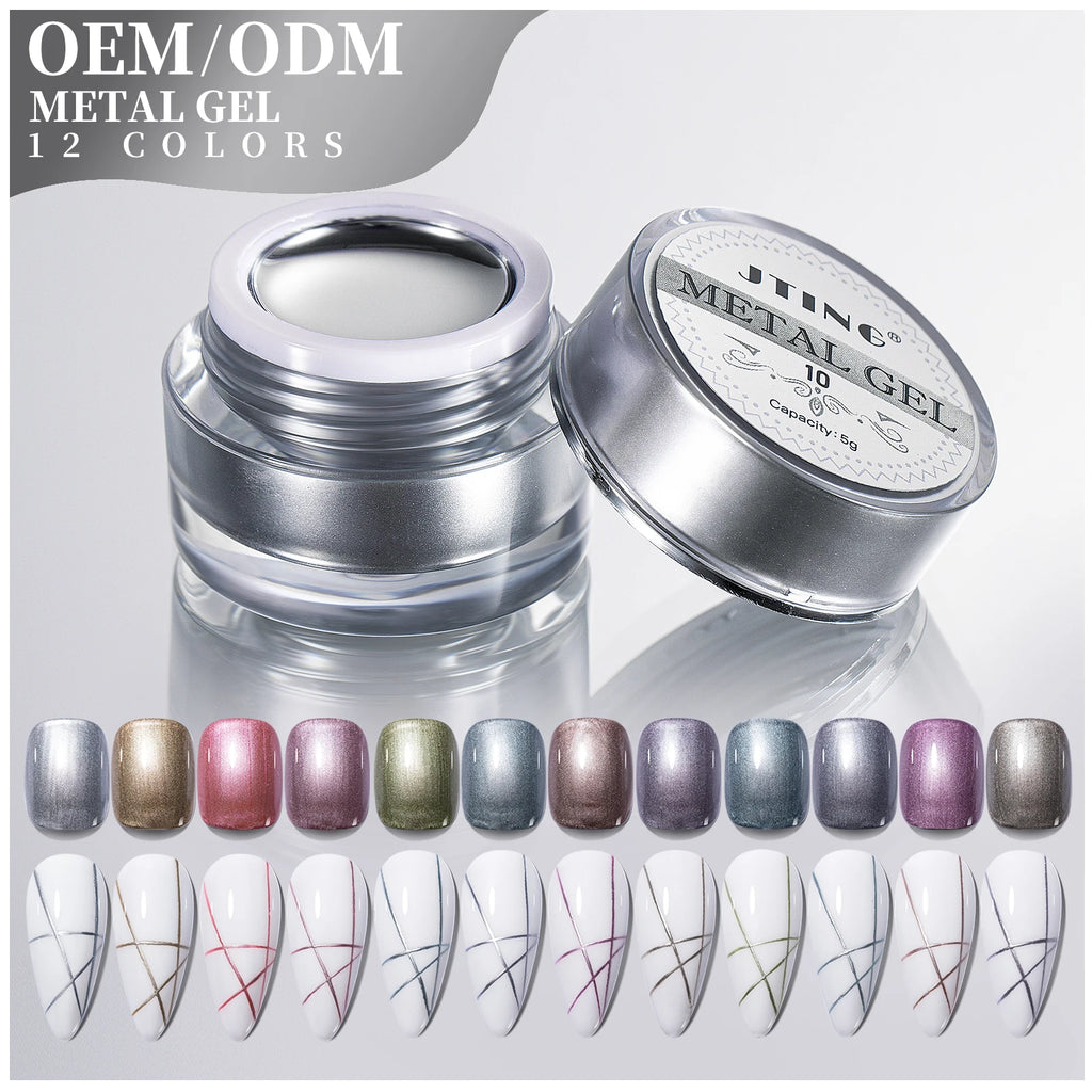 JTING Unique Custom 12colors Metal Painting Gel Polish with Silver Jars 5g OEM Private Brand Top Quality Metallic Gel Polish