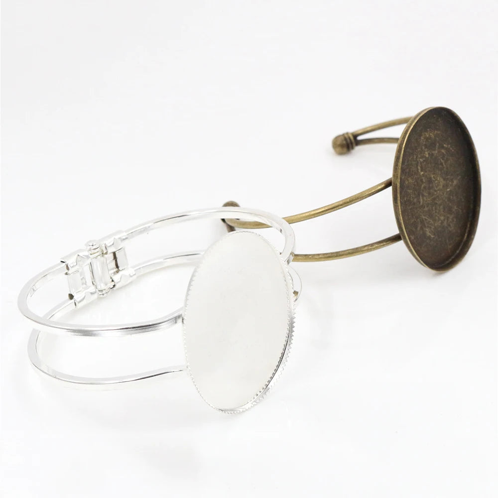 High Quality 30*40mm Silver Plated/Bronze Oval Bangle Base Bracelet Blank Findings Tray Bezel Setting Cabochon Cameo Findings