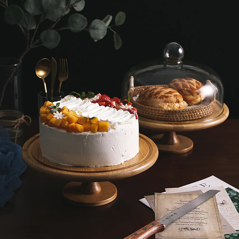 Creative Transparent Dust-proof Glass Cover High Foot Plate Dessert Table  with Bamboo Tray Wooden  Cake Stand