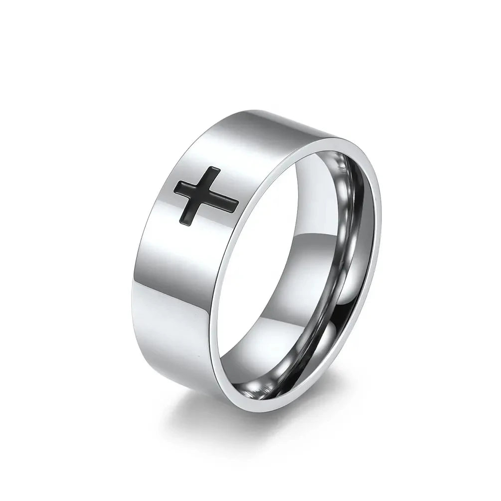 2024 New Product Stainless Steel Men's Simple Creative Black Epoxy Cross Ring Religious Jewelry Stainless Steel Engagement Rings