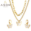 Ason Jewelry New Stainless Steel Double Layer Necklace and Hoop Earrings Set 18k Gold Plated Butterfly White Shell Jewelry Set