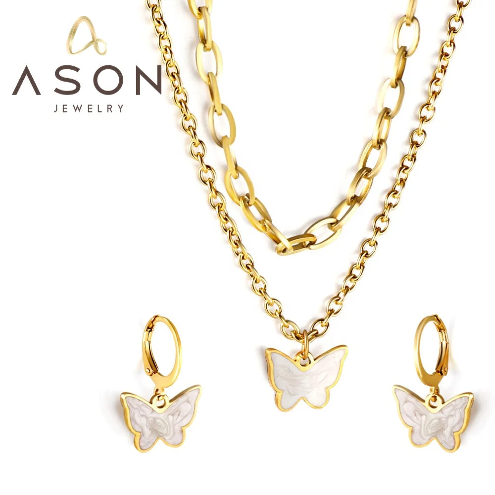 Ason Jewelry New Stainless Steel Double Layer Necklace and Hoop Earrings Set 18k Gold Plated Butterfly White Shell Jewelry Set