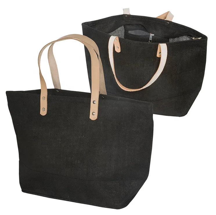 Custom logo Jute Tote Bag Eco-friendly Leather Handle Grocery Shopping Bag with Zipper
