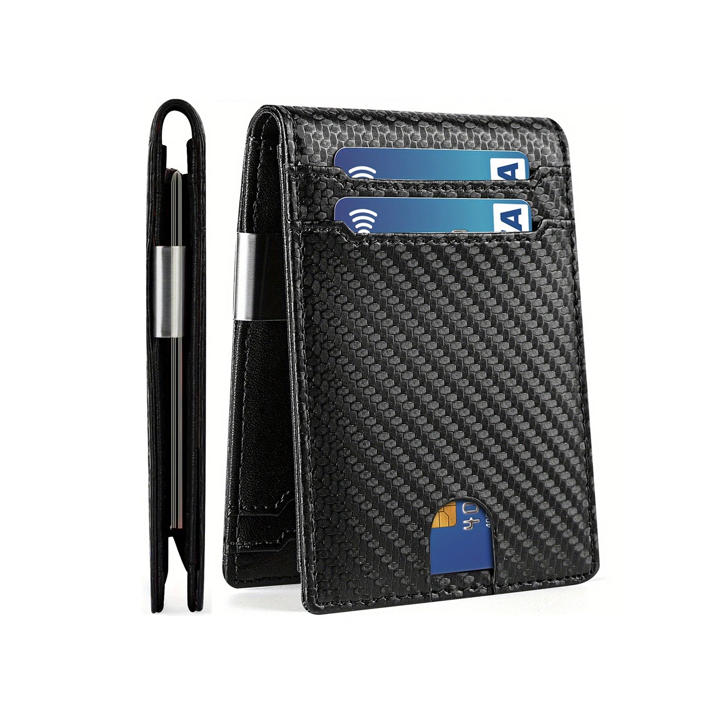 THUMBS-UP Luxury Short  Bifold Carbon Fiber RFID Blocking Featuring Letter Men Factory Genuine Leather Money Clip Wallet