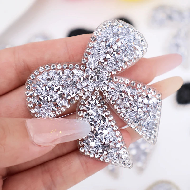 Hot Sale Iron-On Rhinestone Diamond Bow Patches Resin Hot-Fix Rhinestone Applique Patch Embellishment for Shoes Garments