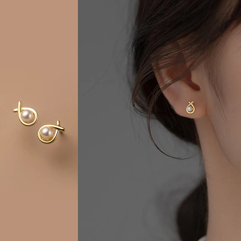 925 Sterling Silver Simple Geometric Line Synthetic Pearl Stud Earrings Gold Fashion Party Piercing Jewelry Wedding Gift for