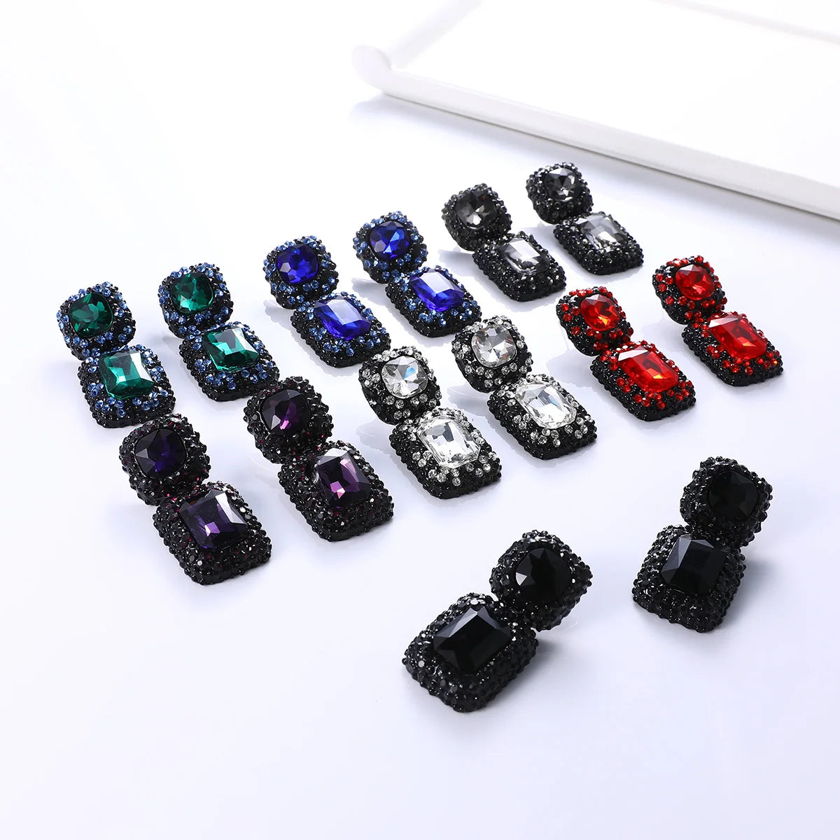 Luxury Multicolor Gemstone Geometric Stud Earrings Bling Rhinestone Crystal Square Jewel Earrings for Party