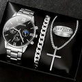 Men's 4pcs Fashion Set Casual Quartz Watch Silver Cross Pendant Necklace Ring & Bracelet Set (WT2286)