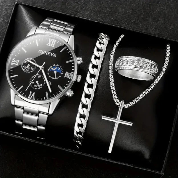 Men's 4pcs Fashion Set Casual Quartz Watch Silver Cross Pendant Necklace Ring & Bracelet Set (WT2286)