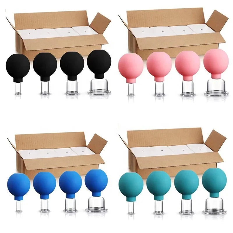 4-Piece Anti-Cellulite Lymphatic Therapy Set Glass Silicone Cupping Massage Tools with Vacuum Suction for Body & Eye Care
