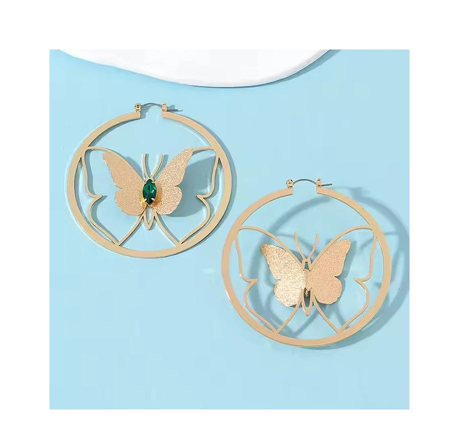 Hot-Sale Trendy Gold Butterfly Earrings With Green Zircon Big Hollow Butterfly Hoop Earrings Designs for Women