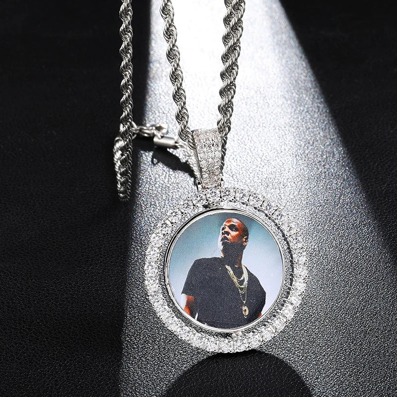Hip-Hop Round Rotating Double-sided Iced Out Bling Personalized Pendant Necklace Custom Photo Cubic Zircon Necklace & Pendant MegaBDM