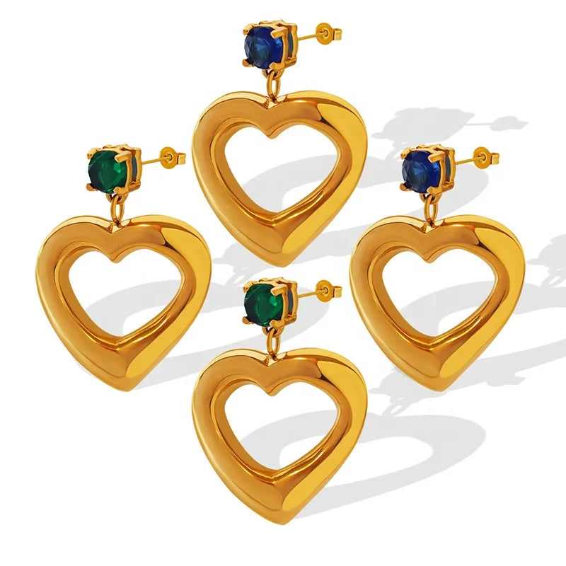 18K Gold PLated Stainless Steel Geometric Zircon Heart Earrings for Women