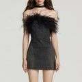 Custom Sleeveless Crop Wrap Denim Fur Dress Black Genuine Black Ostrich Feather Dress Women
