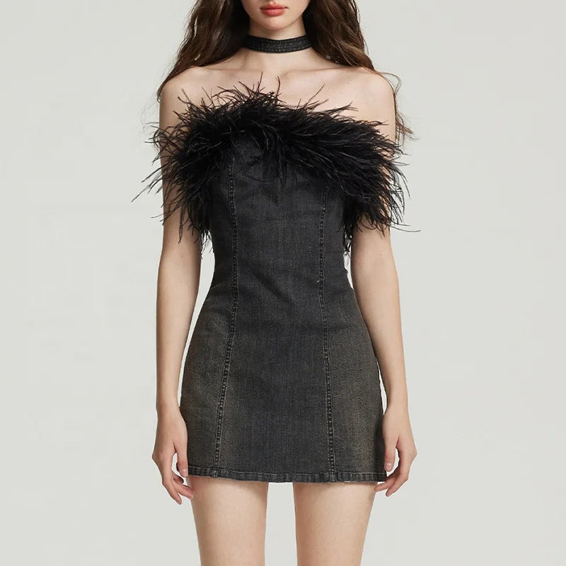 Custom Sleeveless Crop Wrap Denim Fur Dress Black Genuine Black Ostrich Feather Dress Women