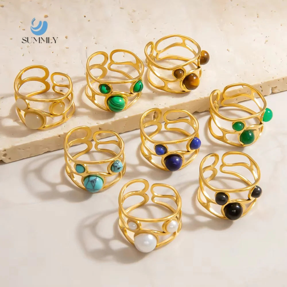 SUMMLY Trend Wholesale Personalized Natural Stone 18K Gold Plated Stainless Steel Open Ring Fashion Jewelry