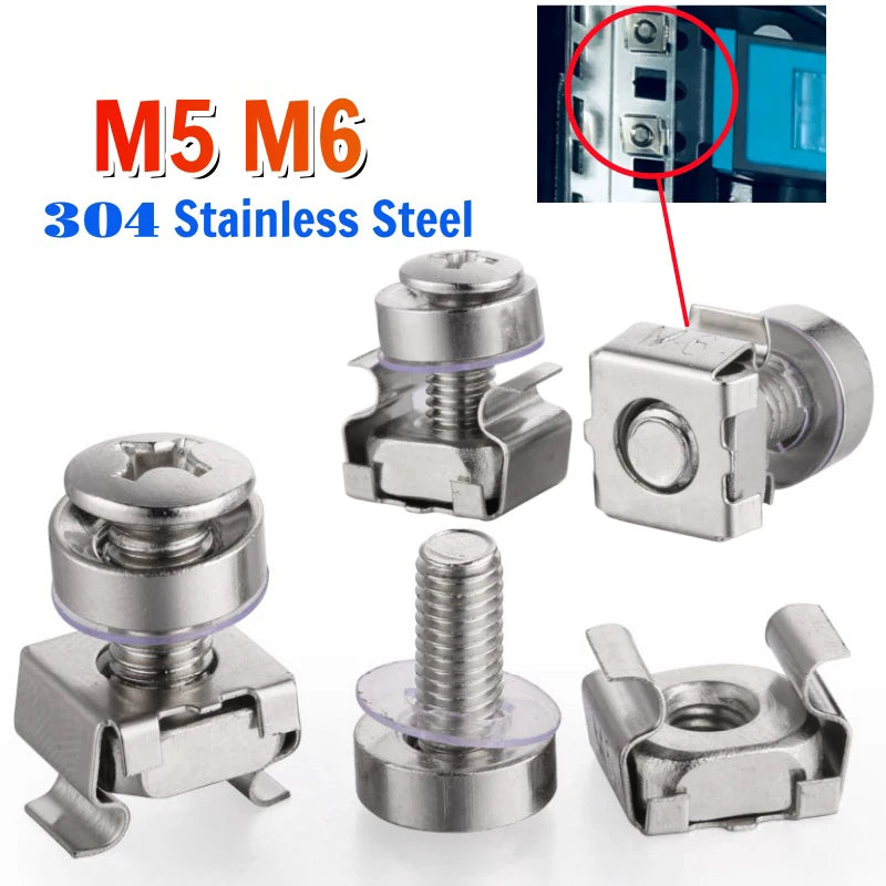High Quality M4 M5 M6 M8 304 Stainless Steel Rack Mount Cage Nuts Screws and Washers for Rack Mount Server Cabinet