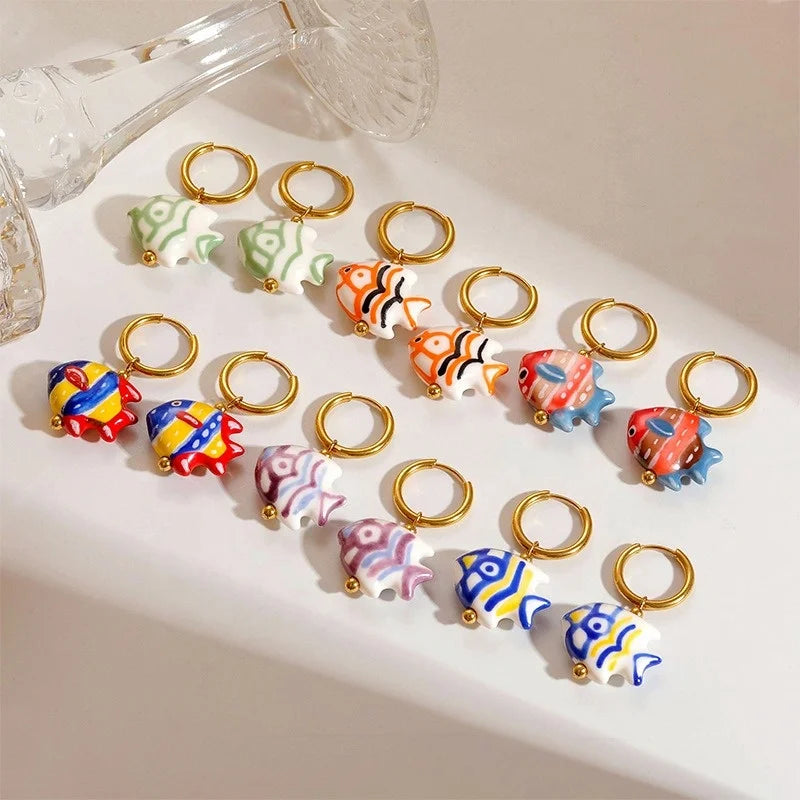 New Colorful Porcelain Fish Stainless Steel Hoop Earrings Animal Earrings Chinese Jewelry