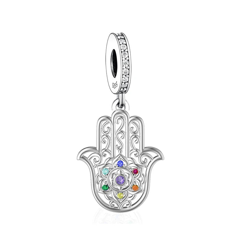 Fit Original Brand Charm Bracelet 925 Sterling Silver Hasma Hand Lotus Yoga Chakra Bead for Women Student Jewelry
