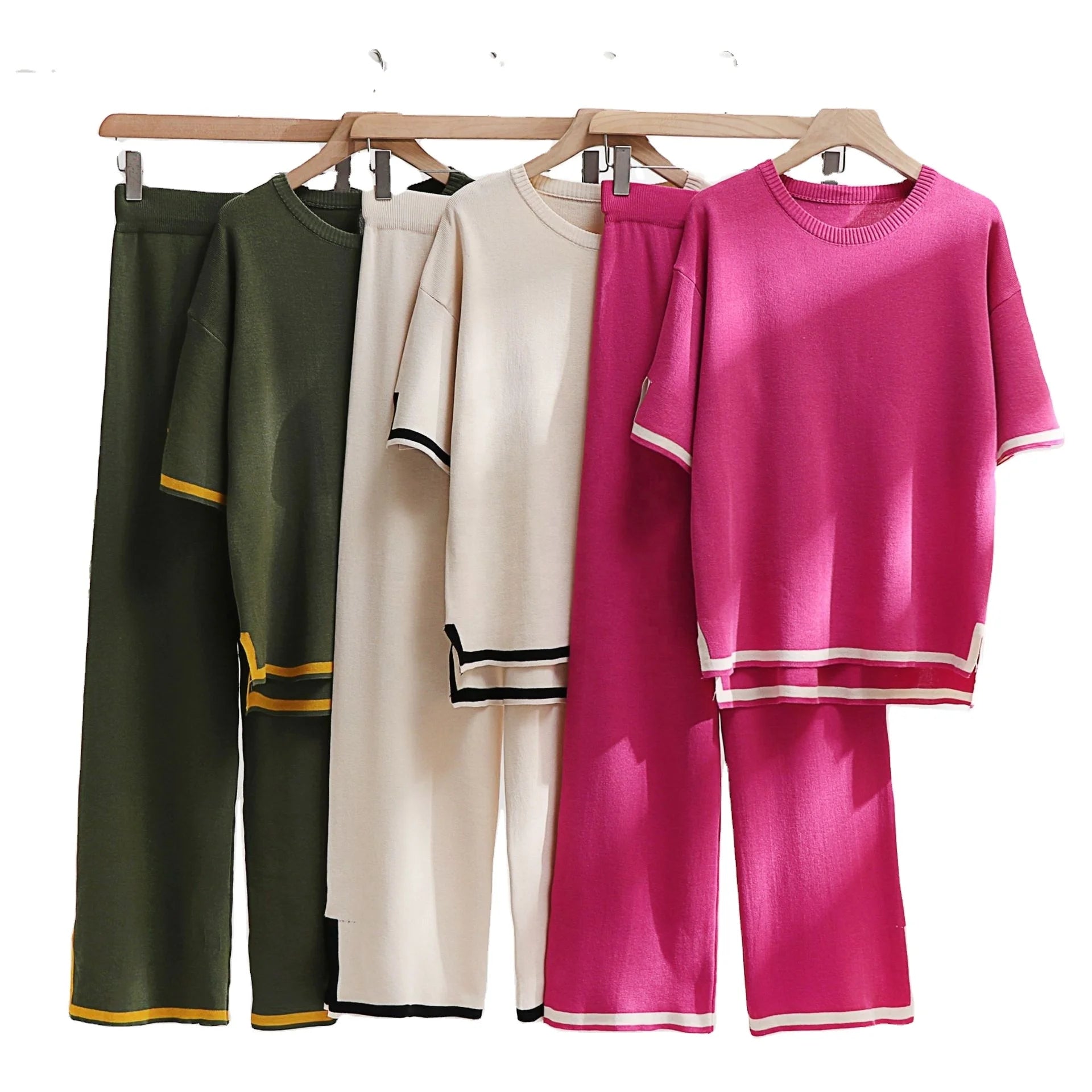 Women's Spring Summer Two-Piece Foreign Trade Short Sleeve Stitching Casual Fashion Knitted Set