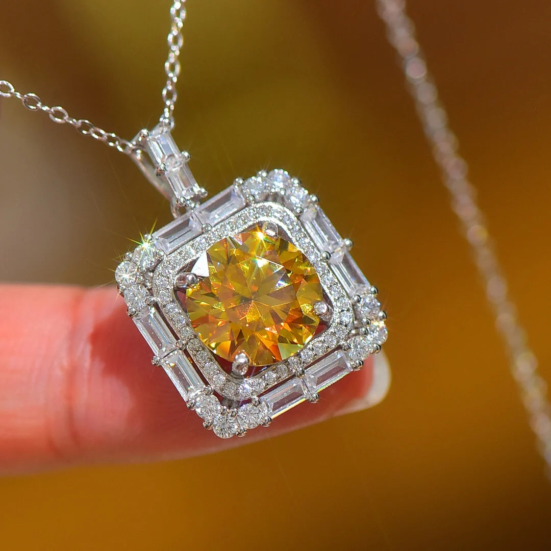 925 Silver 5 Carat Passed Diamond Test Excellent Cut Sparkling Yellow Moissanite Square Shape Pendant Necklace for Women Party