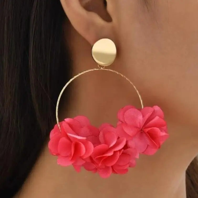 Kaimei 2025 Earring Fashion Wholesale Summer Bohemian Jewelry Women Gold Plated Flower Drop Earrings Lace Fabric Hoop Earrings