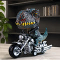 Dinosaur Biker on Retro Motorcycle Resin Sculpture T-Rex in Vest Riding Silver Vintage Bike with Yellow Eyes and Sharp Teeth