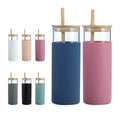 Hot Selling Custom Logo Glass Water Bottle Light Weight Thermos with Silicone Sleeve Bamboo Lid and Straw