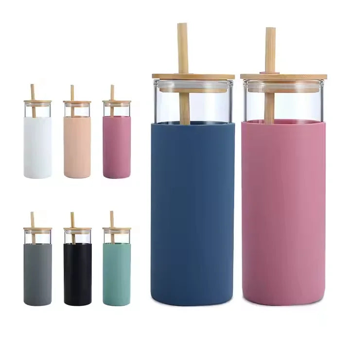 Hot Selling Custom Logo Glass Water Bottle Light Weight Thermos with Silicone Sleeve Bamboo Lid and Straw