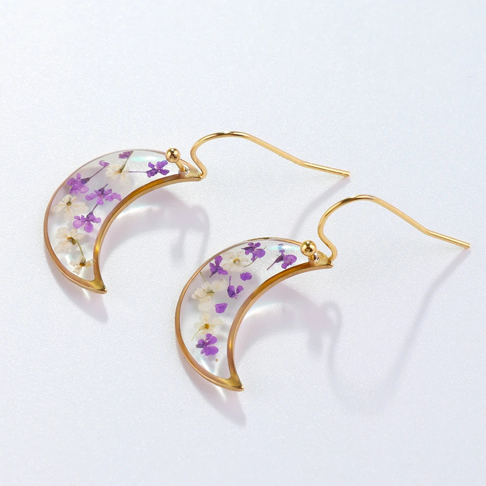Korean Resin Dried Flower Moon Earrings Women Stainless Steel Gold Plated Designer Jewelry Earrings