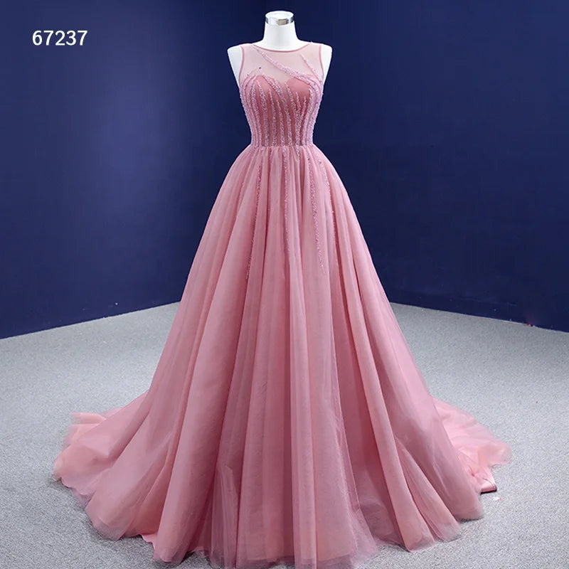Jancember RSM67327 Luxury Pink Sleeveless Lace up Beading Appliques Bridal Gown Evening Dress