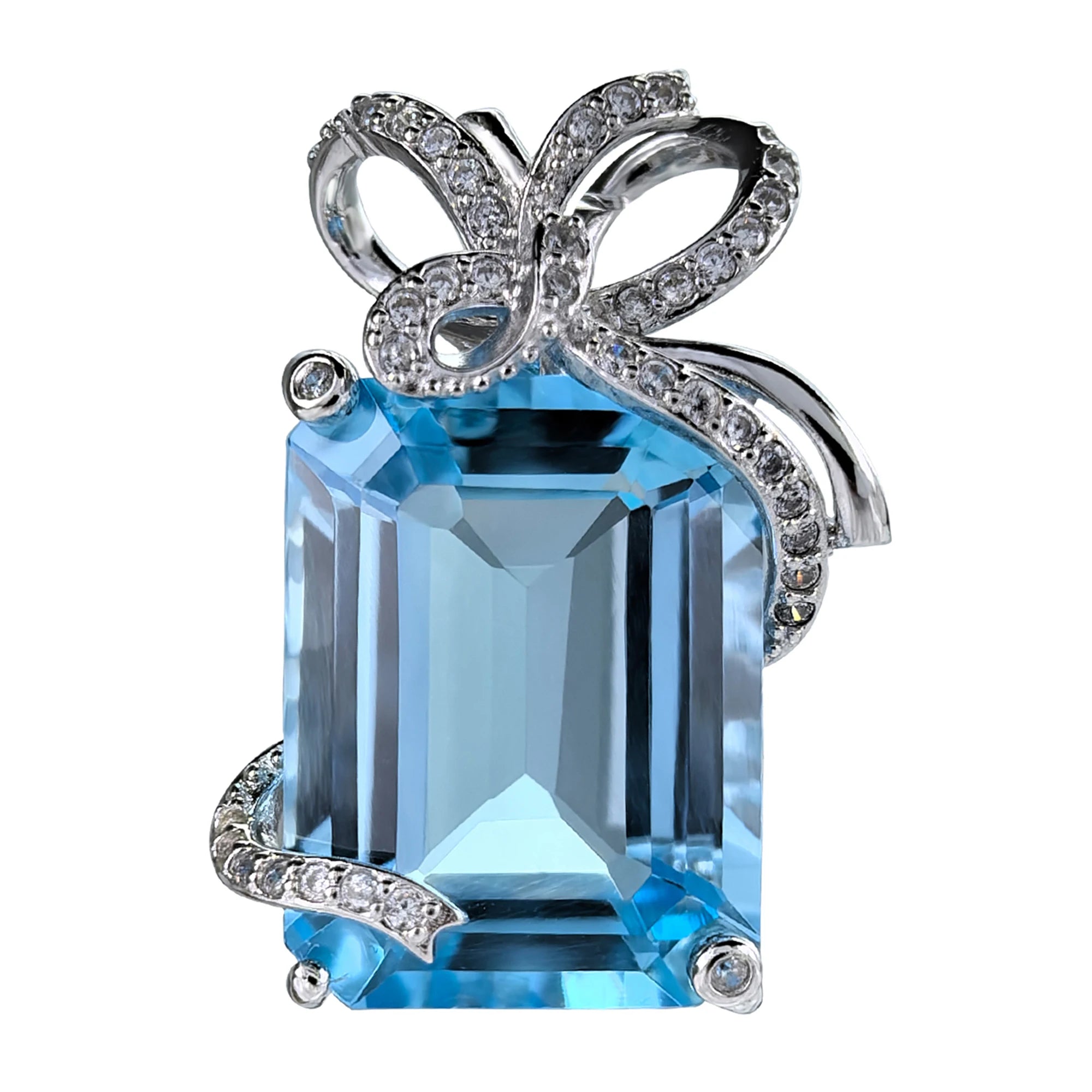 Elegant Rhodium Plated 925 Sterling Silver Natural Sky Blue Topaz Bow Pendant for Women Valentine's Day Gifts