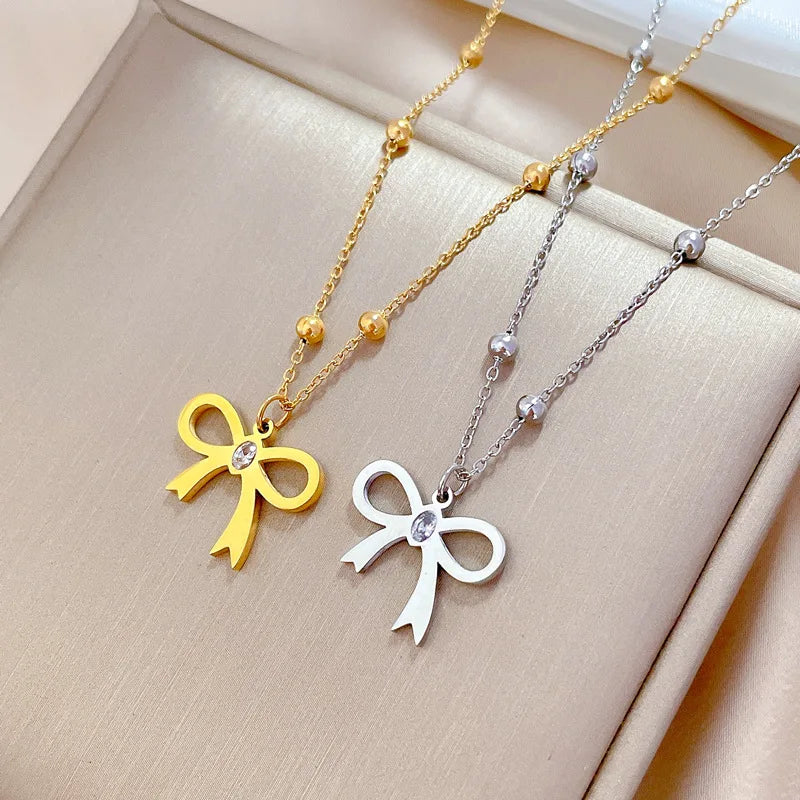 DAIHE 18k Gold Plated Zircon Bow Choker Necklace Simple Stainless Steel Necklace for Women Fashion Jewelry