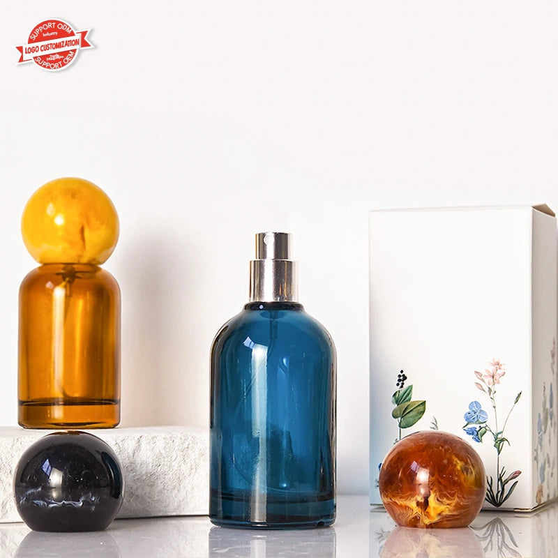Luxury Amber Thick Bottom Perfume Bottle with Spray Head and Round Cap Lid Customizable Box
