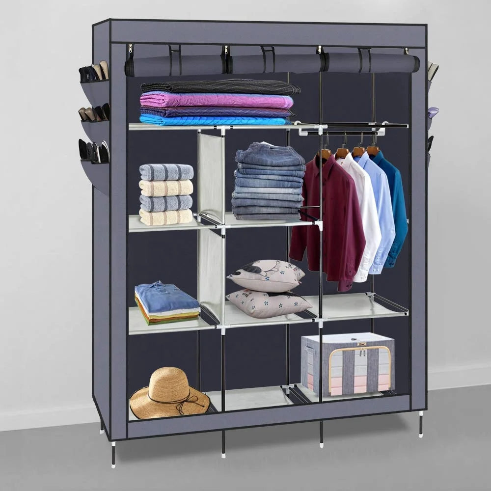 Portable Clothes Closet Wardrobe Storage Organizer with Breathable Fabric Zippered Double Rod Closet Clothes Closet Wardrobe