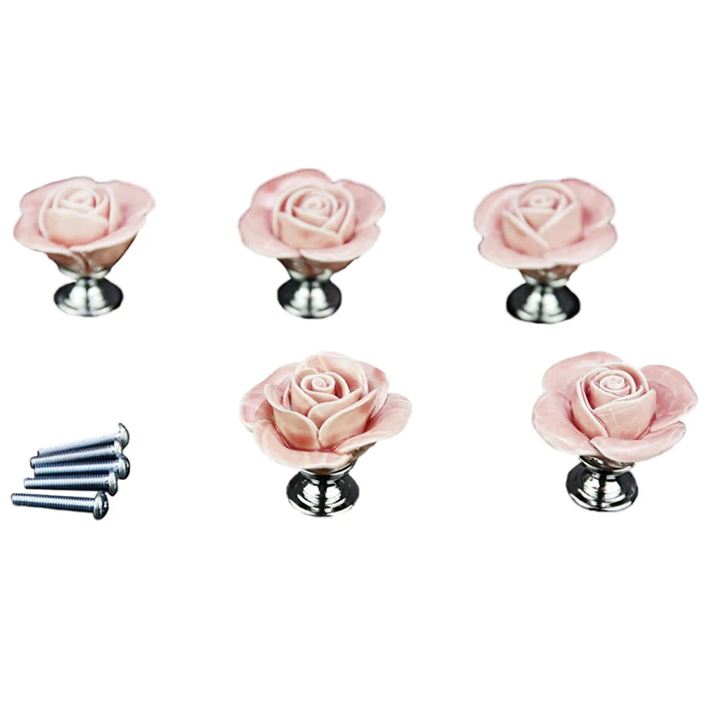 Pink Door Furniture Ceramic Handle Antique Button Screws Included Elegant Design Rose Shaped