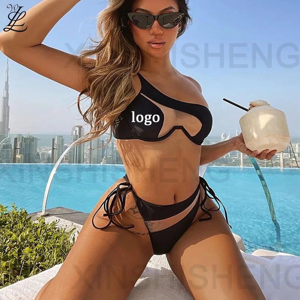 Summer 2024 New Swimwear Sexy Mesh Solid Color Split Beach Swimsuit Mini Micro Custom Logo Bikini Set