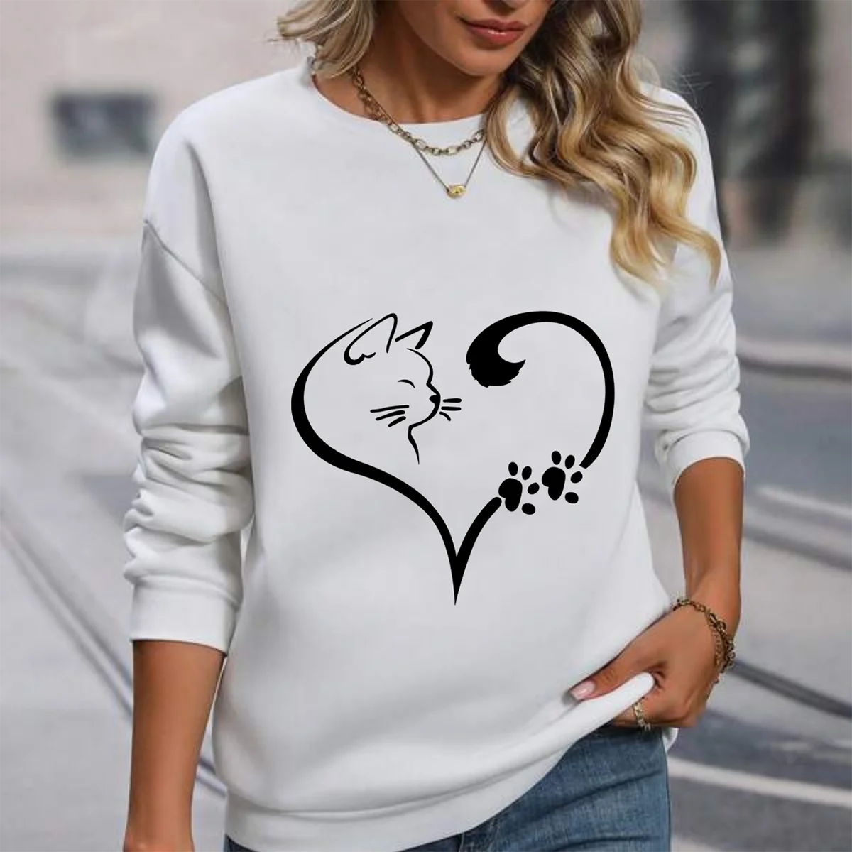 Women's Vintage Cat Sketch Printed Basic Sweater Long Sleeve round Neck Casual for Autumn and Winter