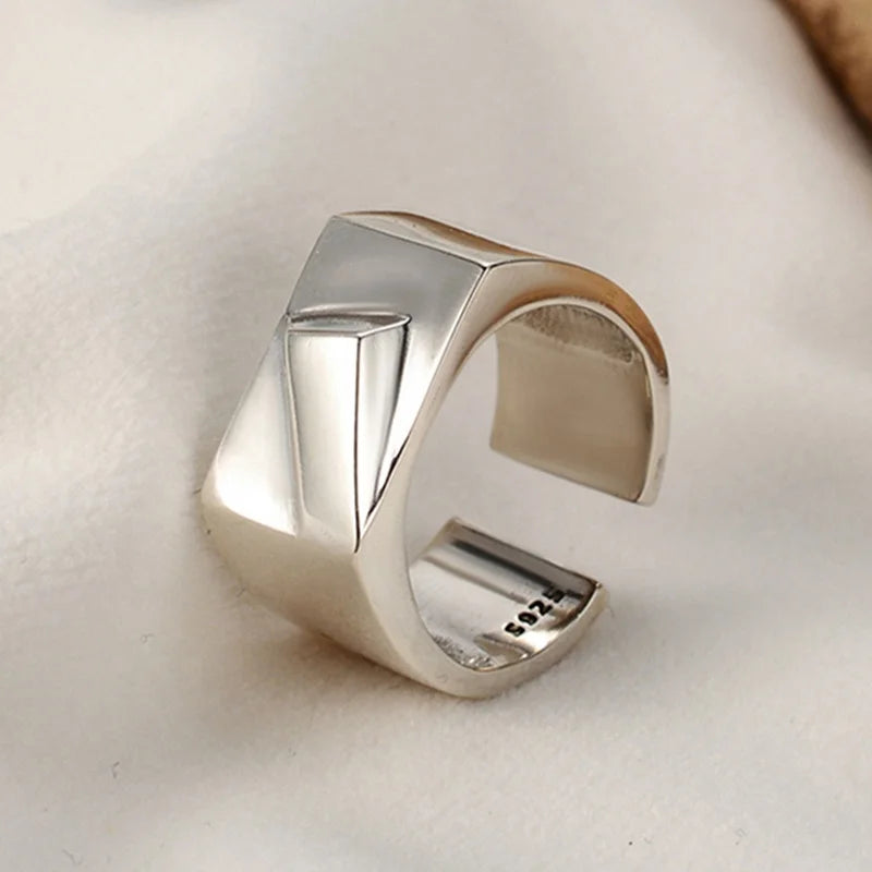 ICEBELA S925 Geometric Ring Ins Sterling Silver Vintage Style Smooth Custom Adjustable Ring for Girls