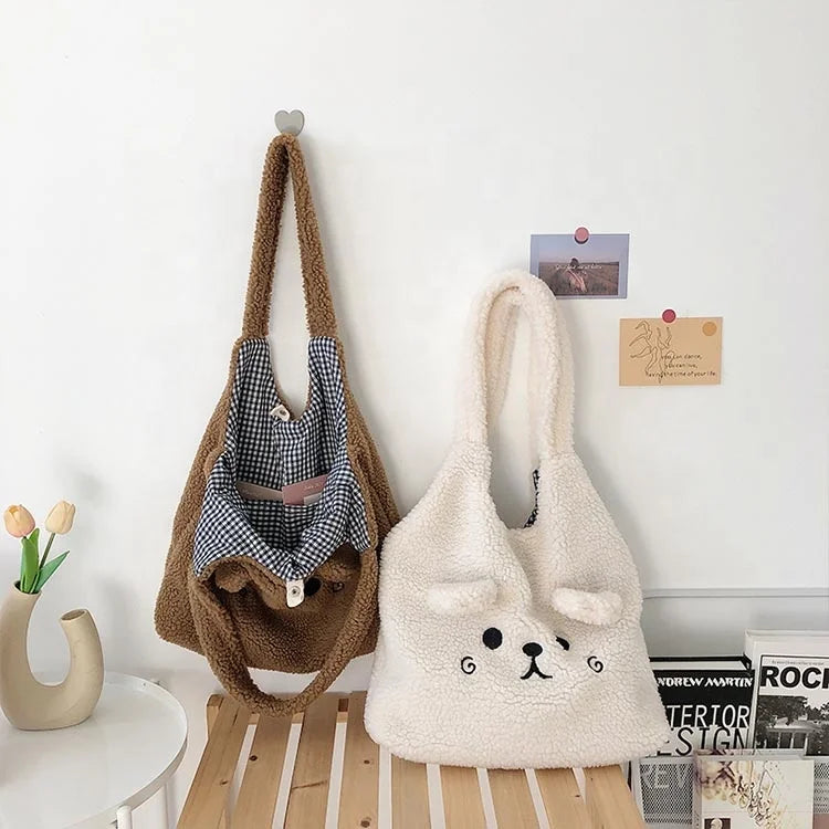 New Arrival Cute Plush Tote Bag Women Fashionable Casual Shoulder Bag Zipper Closure Soft Portable Design Polyester Travel