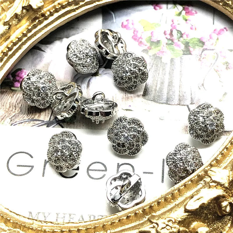 Hot Sale Shiny Zircon Flower  Button Fancy Coat Metal Rhinestone Buttons Silver Shanks for Women Clothing